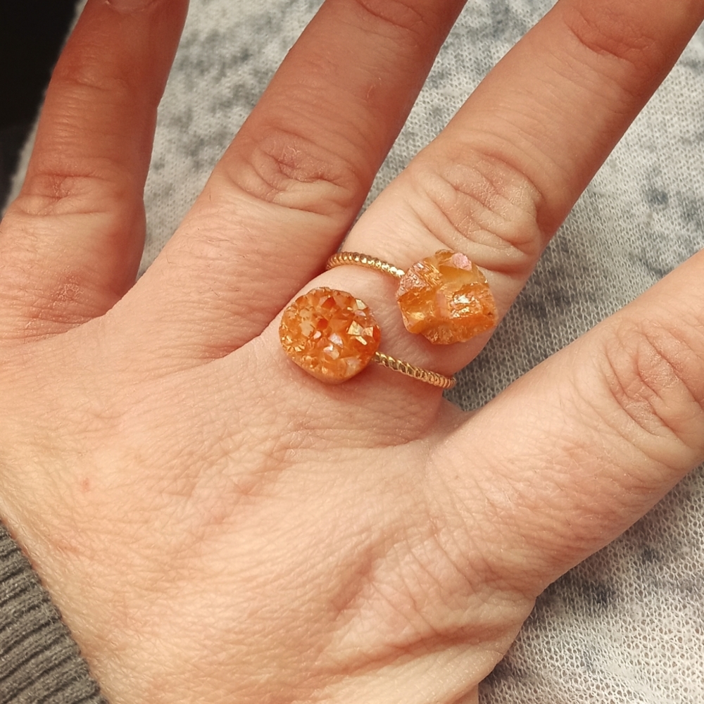 Natural Champaign Druzy Quartz Gold Plated Fashion Ring